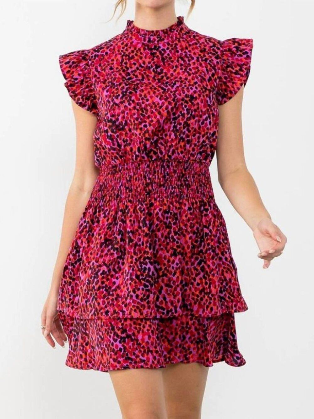 THML Pink Animal Print Mini Dress Flutter Sleeves Smocked Waist Small